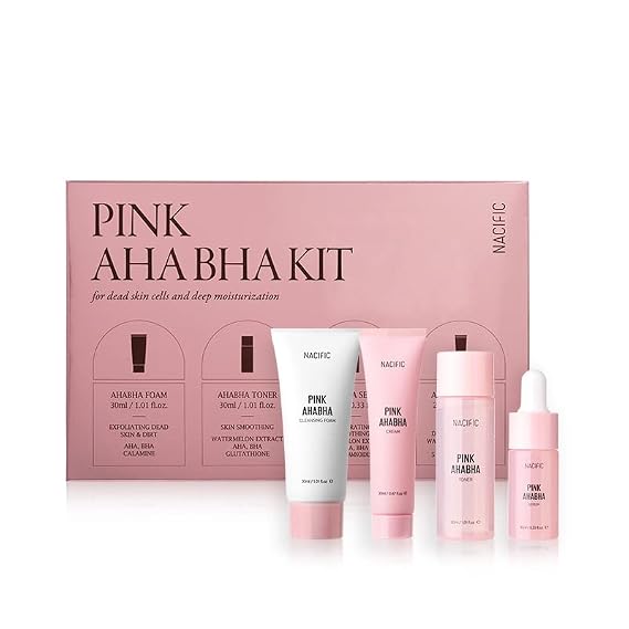 Nacific Pink AHA BHA Kit ( Cleansing Foam, Toner, Serum, Cream ) Travel Size Skin Care Set by KOSBEAUTY