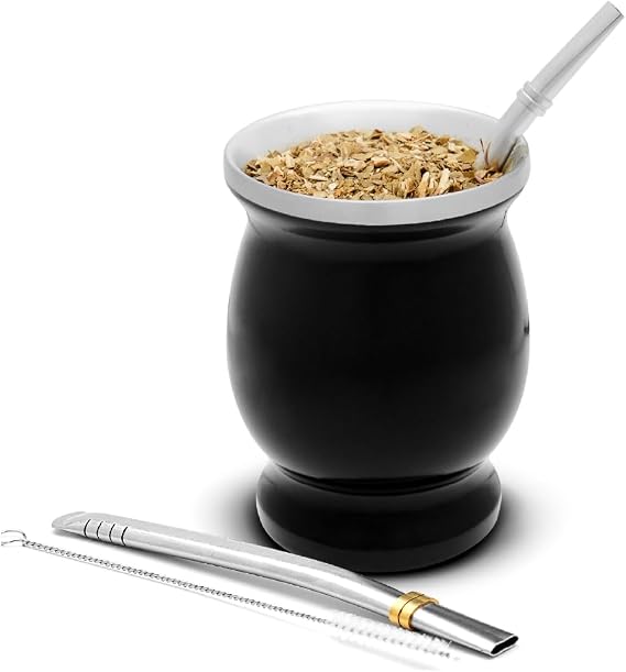 balibetov Mate Cup and Bombilla Set - Yerba Mate Set Includes One Yerba Mate Cup, Two Bombilla Mate (Straw) and Brush - Stainless Steel Double-Wall | Easy to Clean Yerba Mate Gourd (Black)