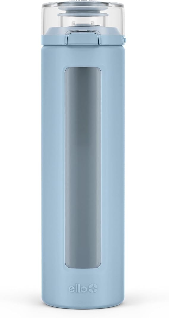 Ello Syndicate 20oz Glass Water Bottle with Flip Lid and Sleeve, Tech Blue | Glass water bottle for iced drinks with leakproof flip lid, silicone sleeve, carry loop, BPA-free, and dishwasher safe