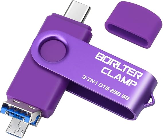 256GB USB 3.0 Flash Drive 3 in 1 Photo Stick for Android Phones, BORLTER CLAMP OTG Memory Stick with 3 USB Ports (USB C, microUSB, USB-A) for Samsung Galaxy, Tablet, PC and More (Purple)