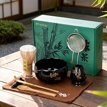 Matcha Whisk Set, 8 Pcs Gold Plum Blossom Matcha Kit for Japanese Tea Ceremony, Ceramic Bowl with Spout, Bamboo Whisk, Spoon, Scoop, Sifter, Towel, Gift for Beginners and Matcha Lovers(Black)