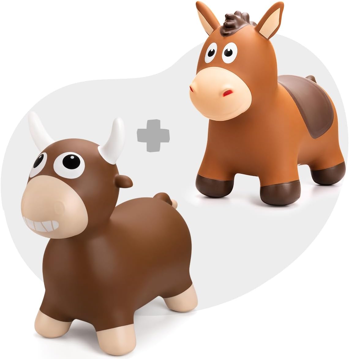ZOOJOY Bouncy Horse & Bull Hopping Toys Set, Inflatable Animal Bouncers for Toddlers 1-3 - Ride-On Bouncer for Indoor Outdoor Play, Birthday Gifts for 18 Months 2 3 4 5 6 Year Old Kids with Pump