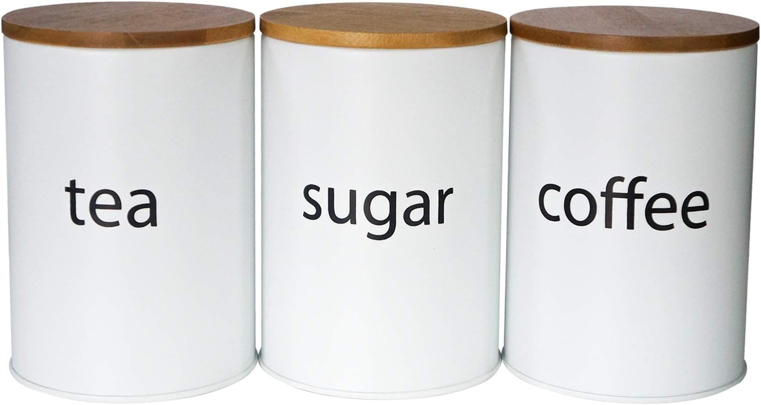 SOTECH 3Pcs White Metal Canisters Sugar Coffee Tea Storage Jars for Kitchen Countertop Round with Bamboo Lid Farmhouse Country Kitchen Decor