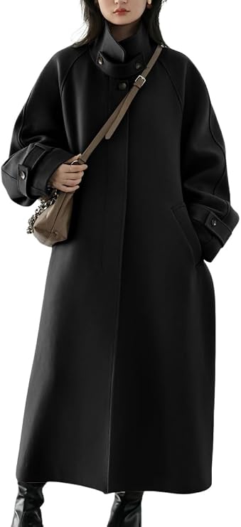 chouyatou Women's Winter Hidden Single Breasted Wool Coat Raglan Sleeve Business Long Wool Overcoat