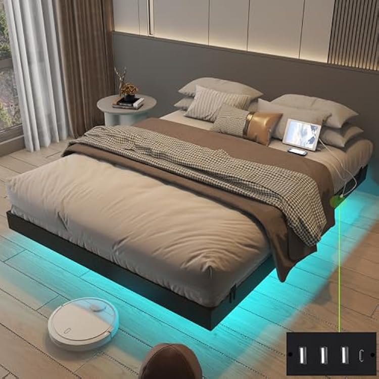 Floating Bed Frame King Size with LED Lights and Charging Station, Black PU Metal Platform Bed Frame, Easy Assembly, No Box Spring Needed King