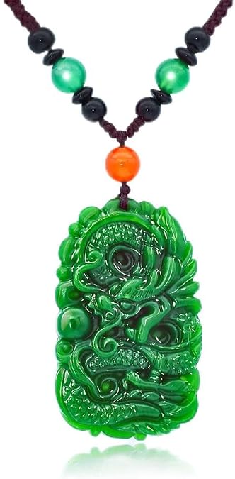 Jade Dragon Necklace for Men Womens Pendant Green Jadite Hand Carved Stone Chinese Charm Jade Jewelry 24 Inches Rope