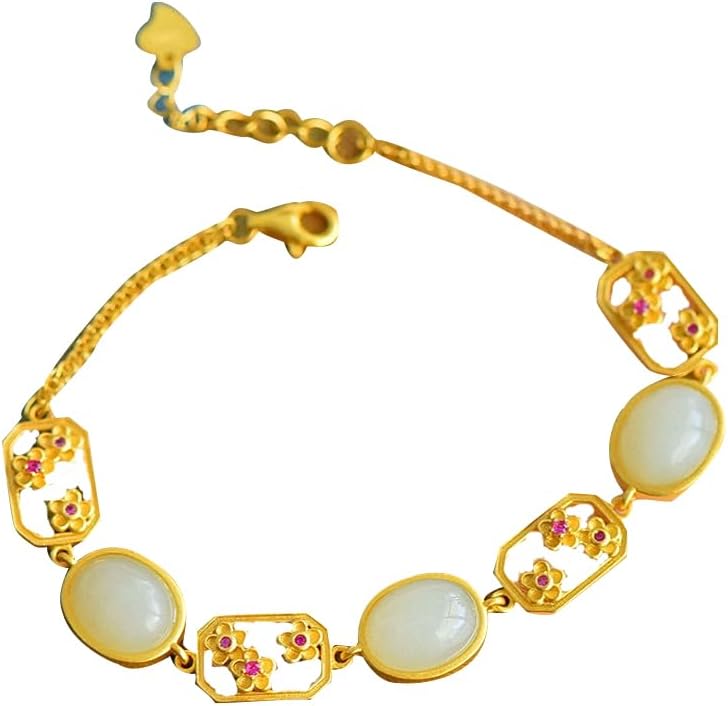 S925 Silver Gold-Plated Natural Hetian White Jade Egg-Surface Plum Blossom Openwork Bracelet