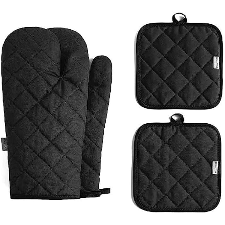 Oven Mitts and Pot Holders 4 pcs Set,High Heat Resistant 500 Degree Extra Thicken Long Kitchen Cotton Oven Glove for Cooking 12 Inch,Black