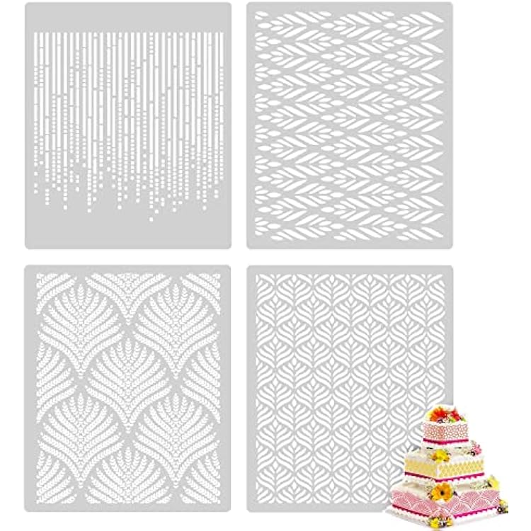 Cake Decoration Stencils, 4 Pcs Cake Embossing Stencil Wheat Spike Lace Border Mould Buttercream Flowers Cake Templates for Cookies Fondant Dessert Cake Deocration DIY Tool