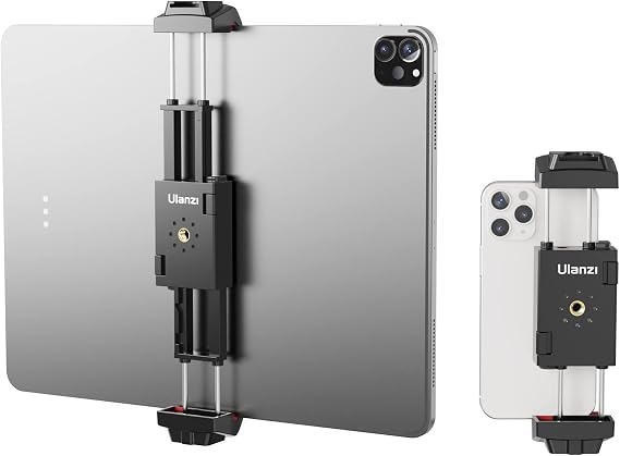 ULANZI ST-29 Phone Tripod Mount, 2-in-1 Tablet Smartphone Holder Adapter | Cold Shoe Mount, Dual 1/4" Screw Holes for tripod, 2.6"-8.8" Extend Clip Clamp Compatible with iPad, iPhone, Android