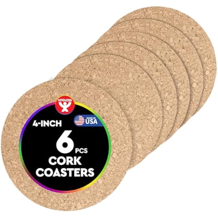 Hygloss Products Natural Cork Coasters - Eco Friendly Absorbent Rounds for Drinks, Trivets, and DIY Crafts, 3mm, 4 Inch, Set of 6
