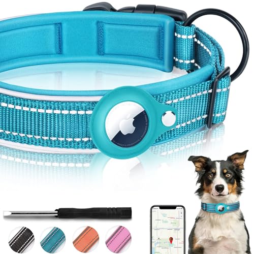 AirTag Dog Collar, Reflective Apple Air Tag Dog Collar, Padded Dog Collars with AirTag Holder Case, Adjustable Air Tag Pet Collar for Small Medium Large Dogs, M14-16.5, Blue