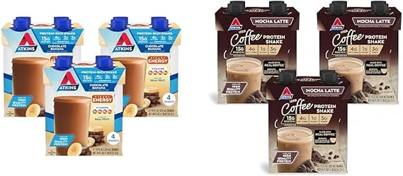 Atkins Chocolate Banana Protein Shake, 15g Protein & Mocha Latte Iced Coffee Protein Shake, 15g Protein, Low Glycemic, 4g Net Carb, 1g Sugar, Keto Friendly.