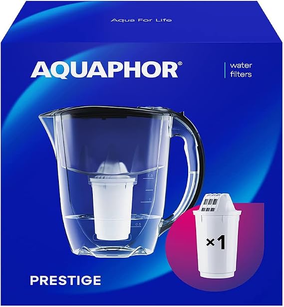 AQUAPHOR Water Filter Jug Prestige I 1 X A5 Filter Included I Capacity 2.8l I Fits in the Fridge Door I Reduces Limescale Chlorine & Microplastics Black