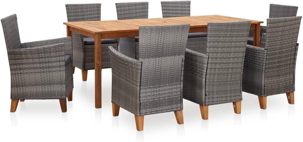 9 Piece Dining Set Outdoor Rattan and Solid Acacia Wood Durable Design, Gray Cushion, Al Fresco Dining