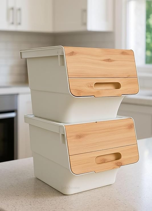 2'li Bambu Patates Soğan Sepeti Tekerlekli Kapaklı Havalandırmalı 24 Litre Sebzelik Organizer