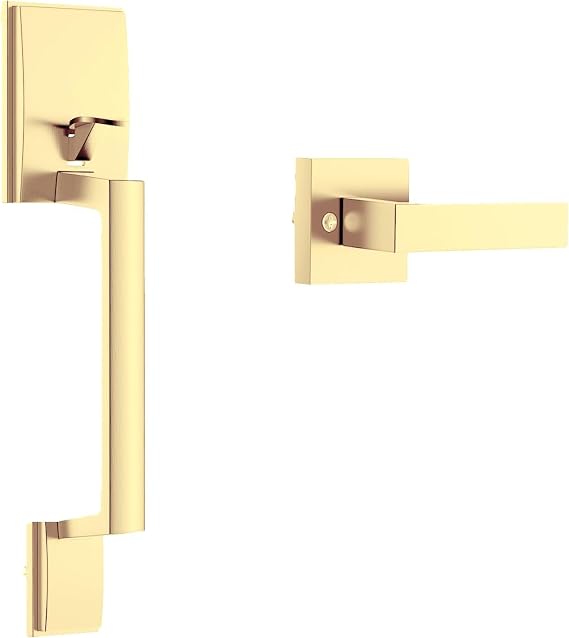 Front Door Handle Entry Door Lock Handle Set for Left or Right Handed Doors Reversible Interior Exterior Single Cylinder Lower Half Adjustable Lever Bright Brass Non-Locking (Gold)