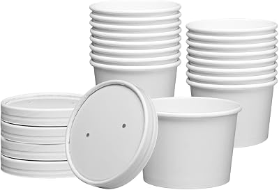GUSTO [8oz. - 25 Count White Paper Food Containers with Vented Lids - To Go Hot Soup Bowls, Disposable Ice Cream Cups, Ideal for Hot and Cold Foods - Formerly Comfy Package
