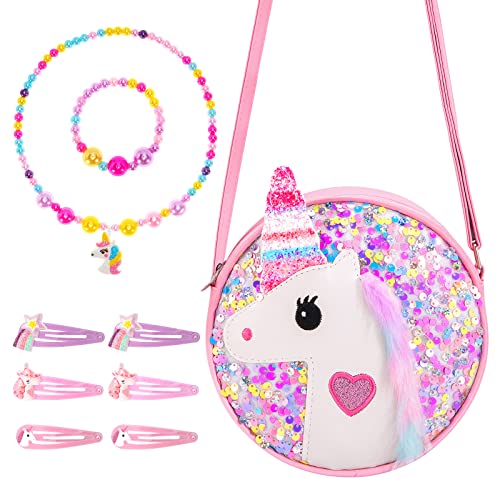 Hifot Unicorn Crossbody Bag with Jewellery Set, Little Girl Glitter Handbag Necklace Bracelet Hair Clips Accessories Set Princess Jewelry Party Favors Gift Dress Up