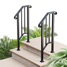 2 Pack 2 Step Handrails for Outdoor Steps, Wrought Iron Stair Railing Fits 1 or 2 Steps, Metal Hand Railing with Installation Kit, Staircase Handrails for Concrete, Porch, Deck, Exterior Steps, Black
