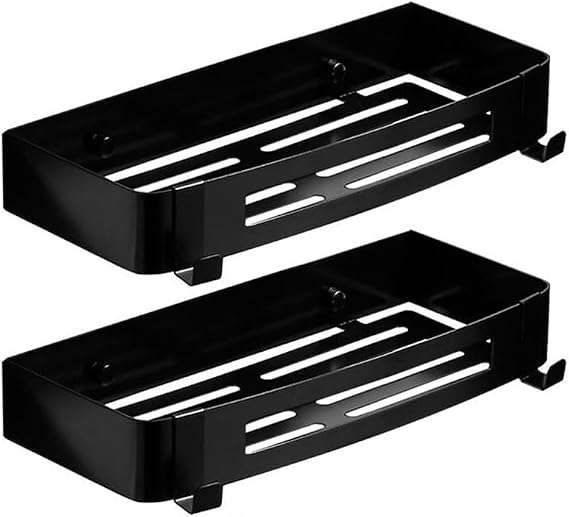 Bathroom Shelf, Shower Shelves 2-Pack - Adhesive Shower Caddy with 4 Movable Hooks, No Drill Stainless Steel Shower Organizer, Easy Mount Bathroom Storage,Wall Shelves for Bathroom(Black)