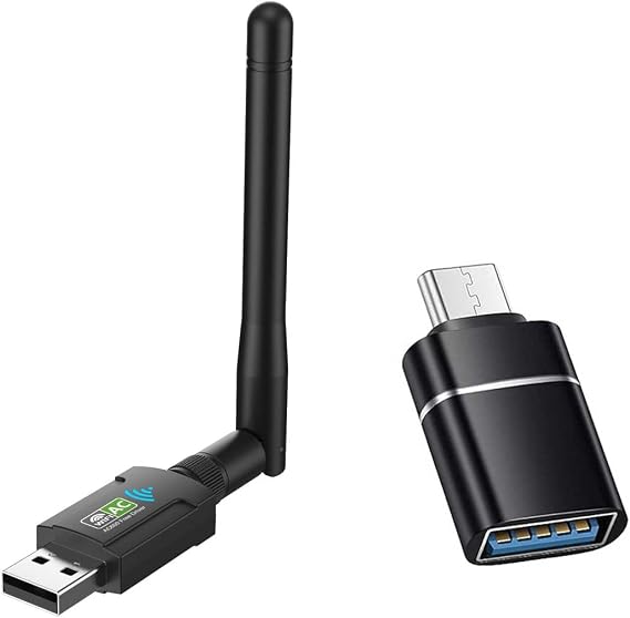 AC600 USB WiFi Adapter for PC Wireless USB Network Adapters Dual Band 2.4GHz, 5GHz,Supports Win11/10/8/7/XP, Bring USB C Adapter. Black