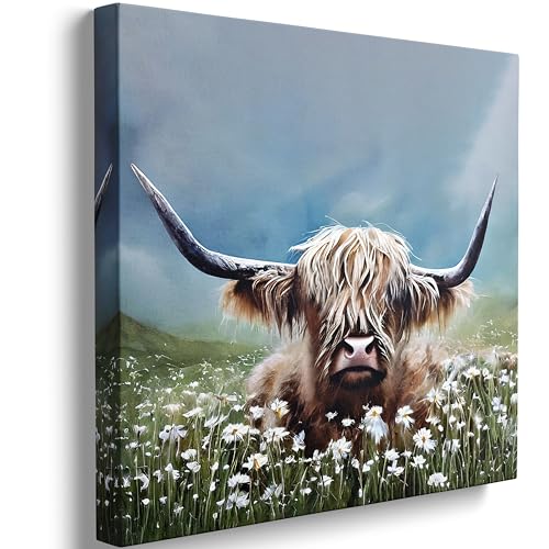 Highland Cow Wall Art Decor Rustic Farmhouse Animal Canvas Print for Kitchen Bedroom Living Room Cute Cattle in White Daisy Flower Bush Framed Artwork for Home and Office 16x16 inch