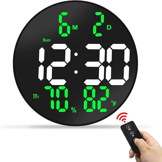 Digital Wall Clock Large Display, 10 Inch Plug in Wall Clock with Remote Control, Wall Mount Digital Clock with Temperature and Humidity, Calendar, Date, 5 Levels Brightness, 12/24H