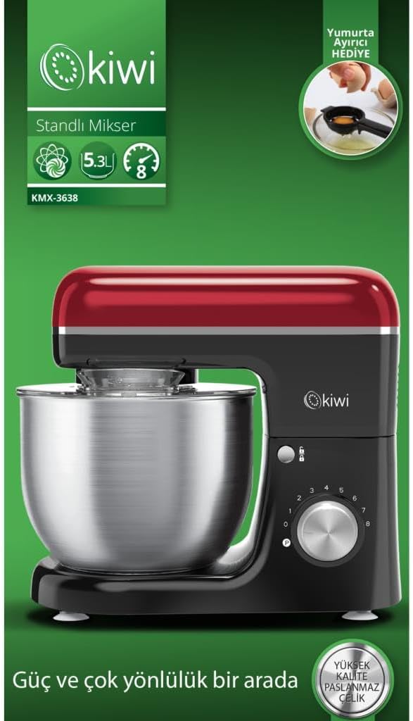 Kiwi Kmx-3638 Hamur Yoğurma & Stand Mikser 5,3 Lt 1300w 8 Hız Kademeli Mutfak Şefi Kırmızı