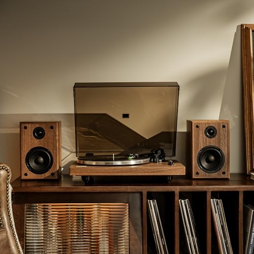 Arkrocket Cassini High Fidelity Bluetooth Record Player with Built-in Speakers Belt Drive Vinyl Turntable with Moving Magnet Cartridge, Bluetooth Input Output and Aux-in Cassini Walnut
