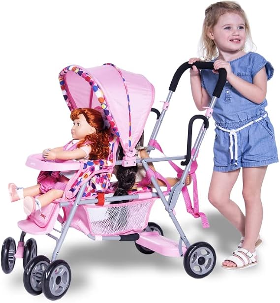 Joovy Toy Caboose Baby Doll Stroller Featuring Reclining Front Seat, Adjustable Footrest, Storage Basket, Extendable Canopy, and Snack Tray - Holds 3 Dolls (Pink Dot)