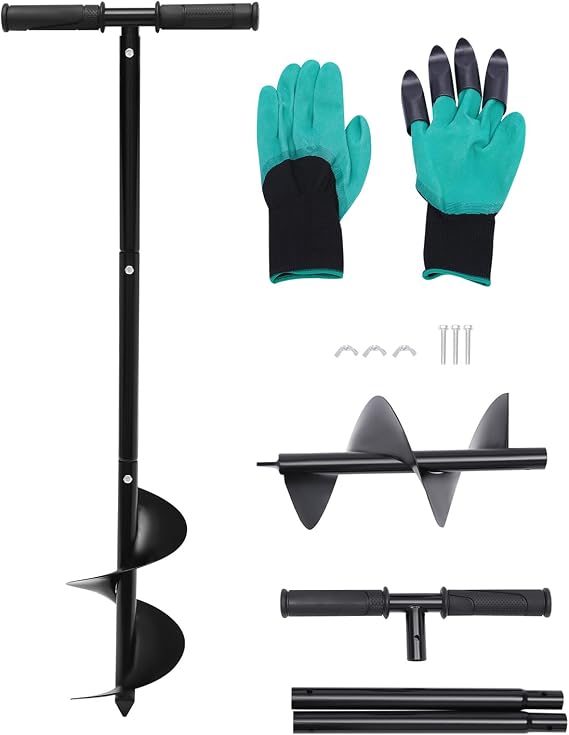 Manual Post Hole Digger, Hand Auger Drill Post Hole Digger with 6 Inch Spiral Drill Bit Garden Hole Digger with Gloves for Planting Bulbs Seedlings Bare-Rooted Trees and Shrubs