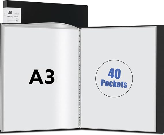 A3 Display Book Folder,40 Pocket Book Presentation Portfolio Folder with Clear Plastic Sleeves Presentation Document Folder for Painting Artwork Portfolio (Black)