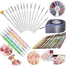 Nail Art Kit includes 30 Striping tape & 4Pcs Striping Roller Box & 12 Colors Rhinestones & 5pcs Dotting Pen & 15pcs Brush Set