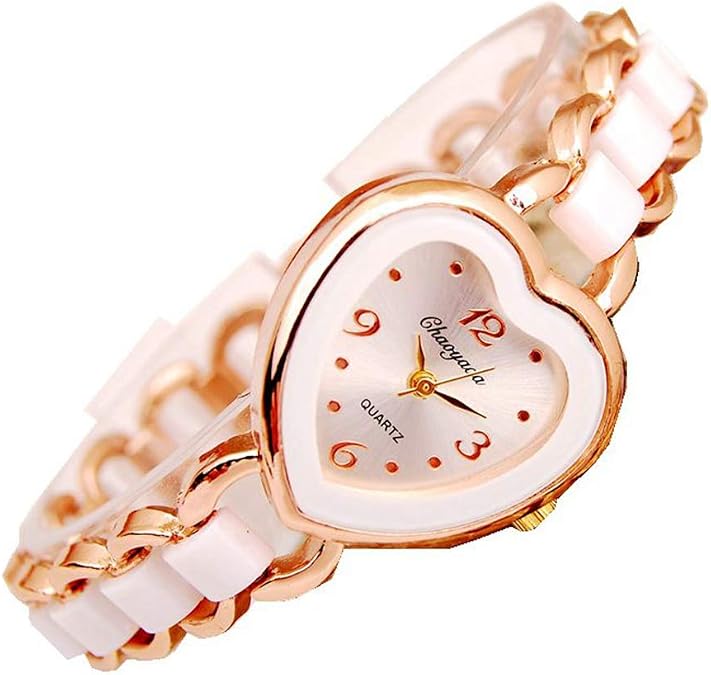 ZIMI Elegant Heart Shape Ladies Women's Watch Dress Casual Metal Bracelet Rose Gold Wrist Watches for Women (White)