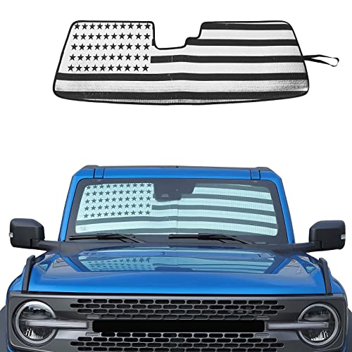 JWWY Windshield Sunshade Window Sun Shade for 2021-2026 Ford Bronco Accessories,Foldable Sun Shield Upgrade Reflective Polyester Cover Block Heat and Block UV Rays US Flag
