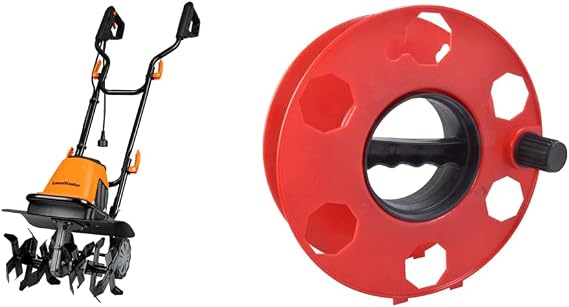 LawnMaster TE1016M Electric Tiller (10-Amp, 16-Inch, Green) and Woods E-102 Heavy Duty Cord Storage Wheel (125-Foot)