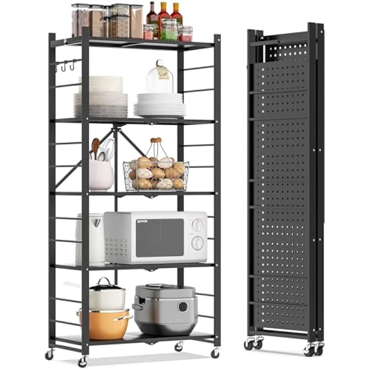 Fenbeli 5 Tier Folding Storage Shelf with Wheels Heavy Duty Metal Organizer Rack, No Assembly Collapsible Utility Shelving Unit for Garage, Kitchen, Pantry, Basement, Office Black-A, 5 Tier