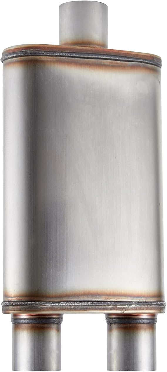 Universal 409 Stainless Performance Exhaust Muffler, single in dual out muffle (2.5 in inlet 2.5 in dual outlet)