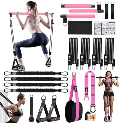 Pilates Bar Kit with Resistance Bands Pull Up Assistance Bands,Up to 300 lbs AssistancePink