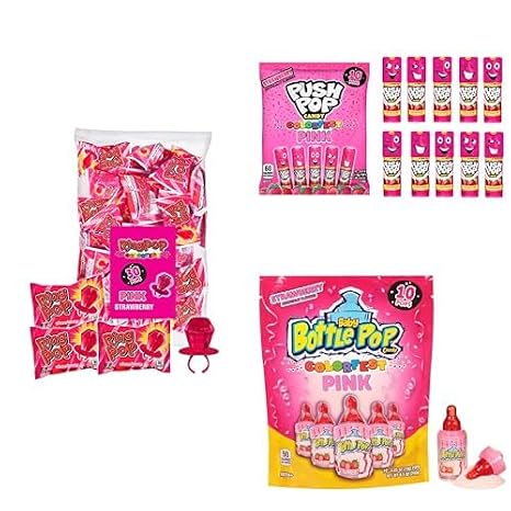 The Ultimate All Pink Lollipop Bulk Party Pack - Ring Pop, Push Pop & Baby Bottle Pop in Pink Strawberry for Baby Showers and Gender Reveals - 50 Individually Wrapped Pops