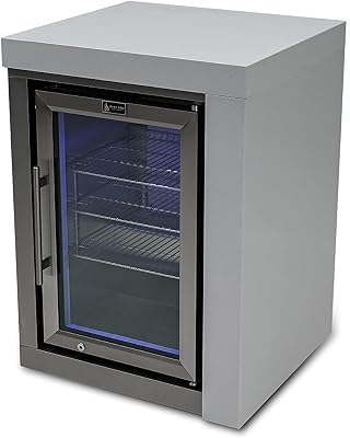 Mont Alpi 25W x 23D x 35H Deluxe 805 and 400 Series Stainless Steel Outdoor Fridge Cabinet Module with Granite Countertops and Sides  2.7 Cu Ft Glass Door Refrigerator with Lock  Ambient Lighting