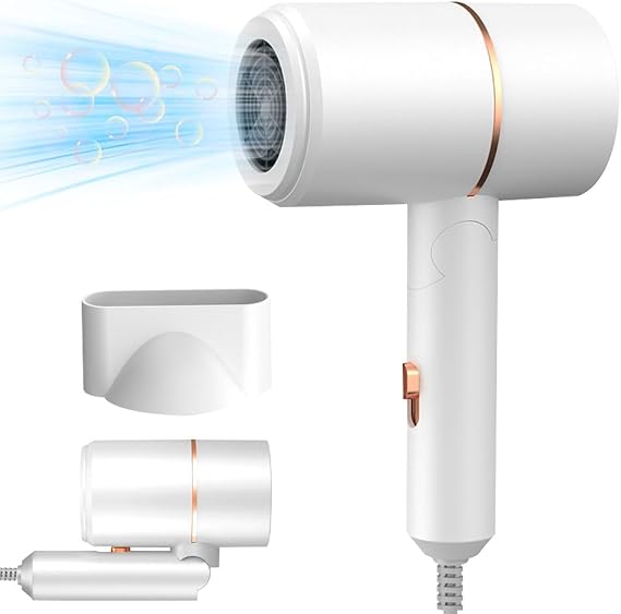 Hair Dryer Travel, Foldable Hair Dryer, Ionic Hairdryer Lightweight with 2 Heat and Cool Button, Silent Hairdryers for Women with 1 Concentrator, Small Hair Blow Dryer for Women White