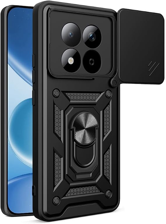 Elfia Xiaomi Redmi Note 15 Pro 5G ile Uyumlu Kılıf Silikon Yüzük Standlı Araç Tutucu için Mıknatıslı Tank Darbe ve Sürgülü Kamera Lens Korumalı Kapak Siyah