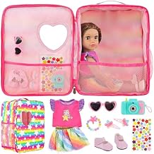 Dolls Carrier Bag Set for 18 inch American Doll, Clothes and Accessories Including 18 Inch Clothes, Shoes, Sunglasses, Camera, Hairpins, Bracelet and DIY Sticker(Doll NOT Include)