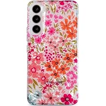 Qokey Case for Galaxy S21-FE(NOT S21/21+) - Sparkle Floral Print Scratch-Resistant, Clear Anti-Yellowing Shell, Military-Grade Shockproof Protection, Soft-Touch & Slim Lightweight Cover, Pink Flower