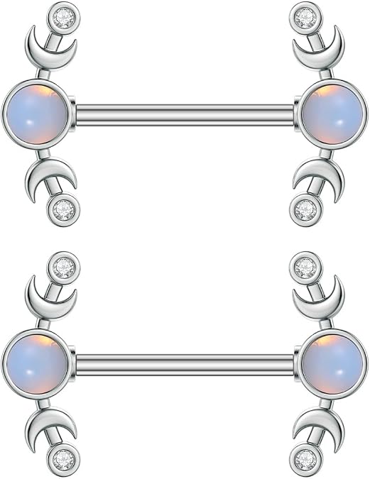 Kokoma 14G CZ Heart Nipple Rings Rhinestone Opal Simple Moon Nipple Shield Barbell Ring Nipple Barbells Tongue Ring Piercing Nipplerings Dainty Body Piercing Jewelry for Women