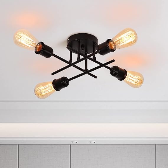 Qcyuui 4-Light Black Semi Flush Ceiling Light, E27 Sputnik Chandelier | 36cm Industrial Metal Fixture for Kitchen, Dining Room, Living Room, Bedroom, Hallway, Bar and Farmhouse; Bulbs Not Included [Energy Class F]