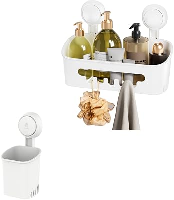 LEVERLOC Shower Caddy Suction Cup Toothbrush Holder One Second Installation NO-Drilling Removable PowerfulWaterproof Organizer