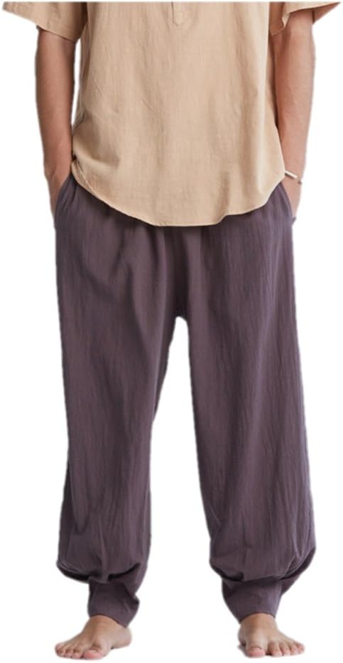 ZanYing Men Meditation Monk Pants Yoga Taichi Loose Pants Cotton Linen Brown